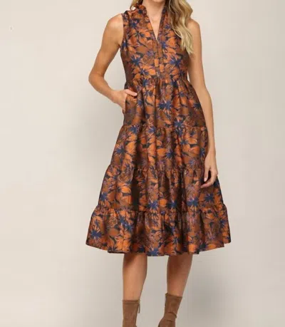 Fate Ruffled Neck Midi Dress In Rust In Multi