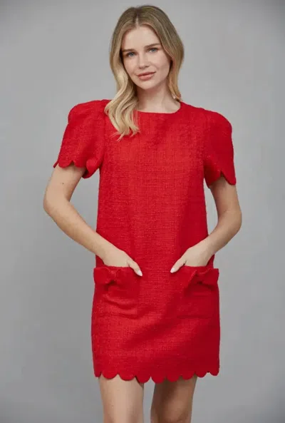 Fate Scallop Edge Puff Sleeve Tweed Mini Dress In Red