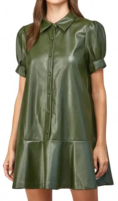 Fate Short Puff Sleeve Faux Leather Dress In Olive In Green