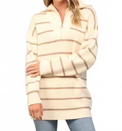 Fate Stripe Half-zip Tunic Sweater In Bone & Mocha In Neutral