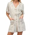Fate Stripe Split Neck Button Front Romper In Ecru In Gray