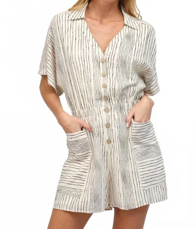 Fate Stripe Split Neck Button Front Romper In Ecru In Gray