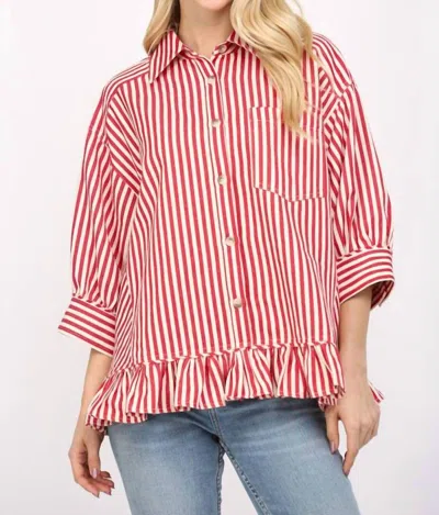 Fate Striped Ruffle Hem Top In Red/cream