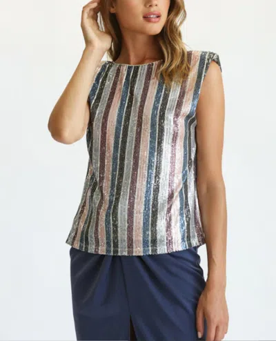 Fate Striped Sequin Shoulder Pad Sleeveless Top In Grey Blush In Multi