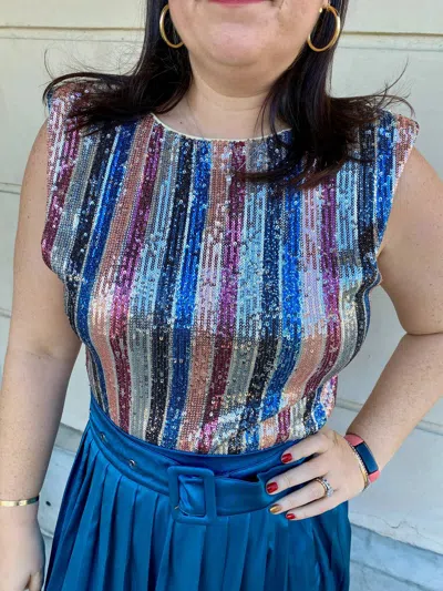 Fate Striped Sequin Shoulder Pad Top In Grey Blush In Multi