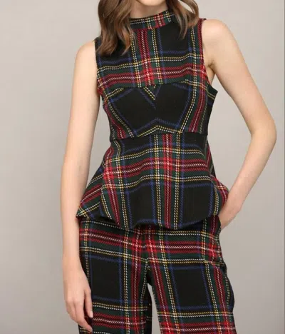 Fate Tartan Plaid Sleeveless Peplum Top In Black Multi