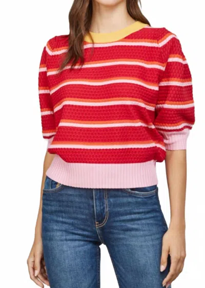 Fate Textured Stripe Knit Crew Neck Short Sleeve Sweater In Red/pink