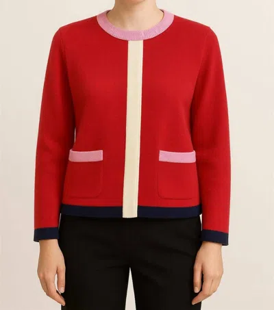 Fate Tilly Crew Neck Cardigan In Red Franco In Animal Print