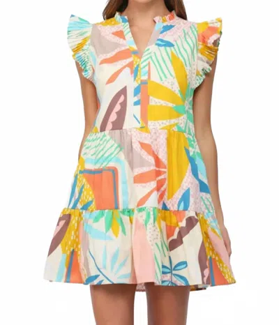Fate Tropical Cotton Poplin Split Neck Dress In Multicolor In Orange