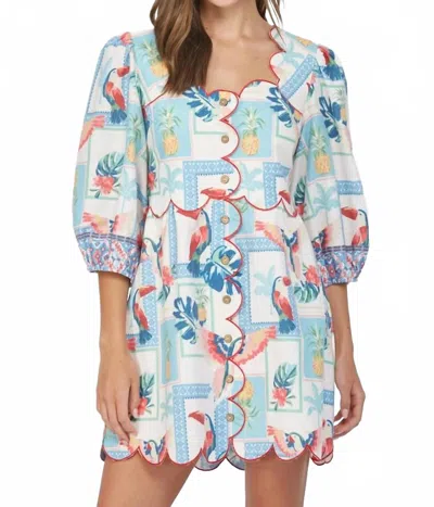 Fate Tropical Print Scallop Mini Dress In Cream Multi In Blue