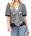 Fate V-neck Striped Bow Cardigan In Navy Stripe
