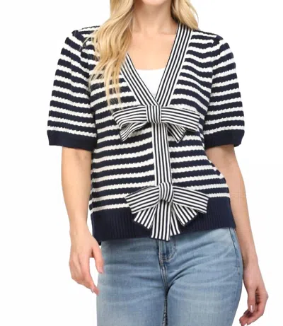Fate V-neck Striped Bow Cardigan In Navy Stripe