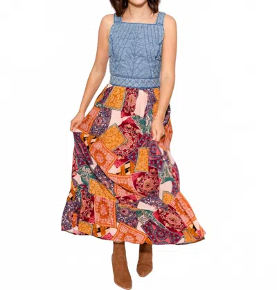 Fate Washed Denim Quilted Bust Mix Media Dress In Blue In Multi