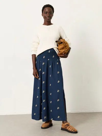 Fatface Navy Harper Embroidered Midi Skirt