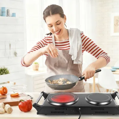 Fatzio Dual Hot Plate Electric Cooktop - 800w+1000w Power, 6.3in+7.5in Silicon Crystal Glass Plates, 5 Step In Black