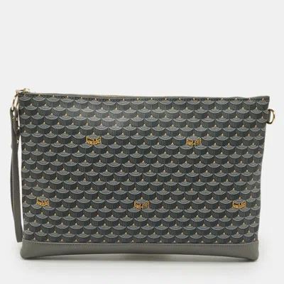 Pre-owned Fauré Le Page Grey Coated Canvas And Leather Wristlet Pouch In Gray