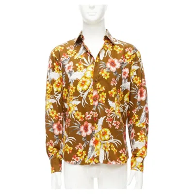 Pre-owned Fausto Puglisi Yellow Khaki Tropical Floral Cotton Gold Button Shirt Eu48 M