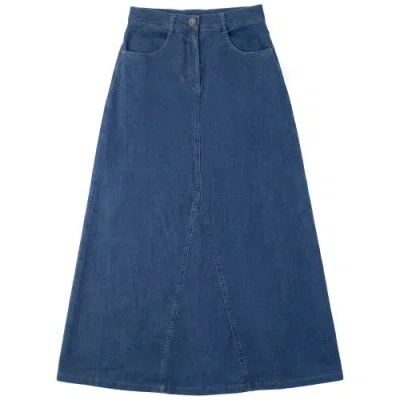 Faves Mineral Wash Godet Panel Front Zip Maxi Skirt In Blue