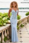 Faviana 11003 Long Fitted Formal Beaded Lace Prom Dress In Blue