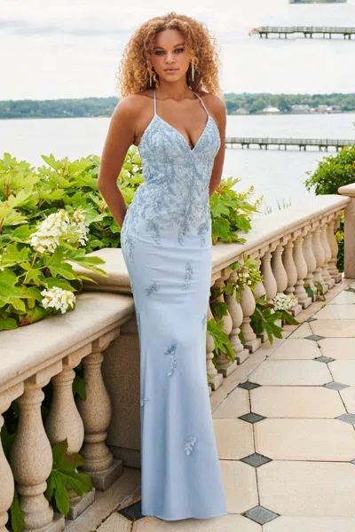 Faviana 11003 Long Fitted Formal Beaded Lace Prom Dress In Blue