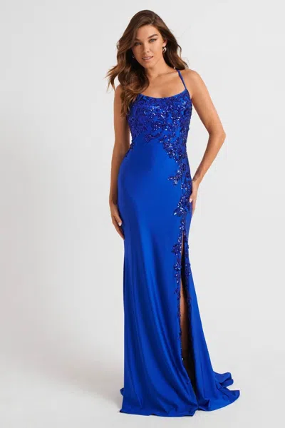 Faviana 11017 Long Formal Sequin Lace Prom Dress In Blue