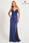 Faviana 11018e Long Pleated Formal Applique Slit Prom Dress In Blue