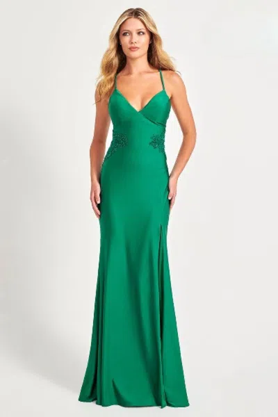 Faviana 11020 Beaded Long Slit Lace Formal Prom Dress In Green