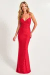 Faviana 11021 Long Formal Beaded Lace Evening Prom Dress In Red