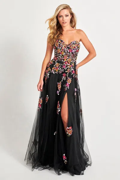 Faviana 11028 A Line Long Formal Floral Applique Prom Dress In Black