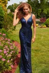 Faviana 11032 Sequin Long Formal Fitted Prom Dress In Blue
