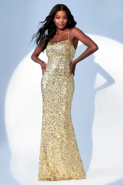 Faviana 11033 Long Formal Sequin Metallic Prom Dress In Gold