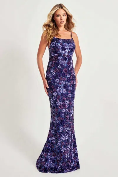 Faviana 11037 Long Formal Evening Sequin Floral Prom Dress In Purple