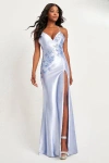 Faviana 11053 Long Slit Formal Prom Lace Beaded Dress In Blue