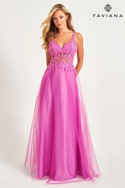Faviana 11055 Long Lace Formal Prom A Line Dress In Pink