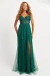 Faviana 11057 A Line Beaded Long Formal Lace Prom Dress In Green