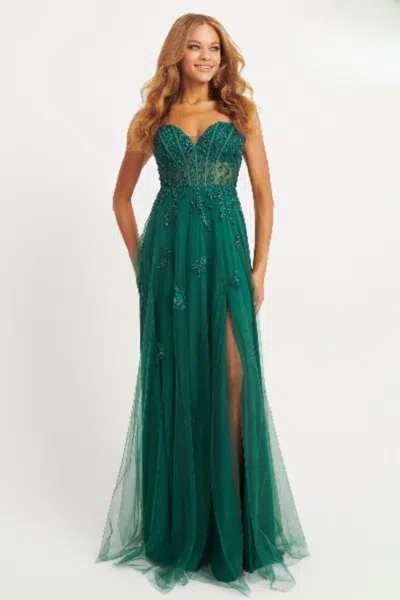 Faviana 11057 A Line Beaded Long Formal Lace Prom Dress In Green