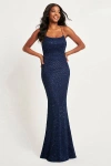 Faviana 11077 Long Fitted Formal Prom Lace Dress In Blue