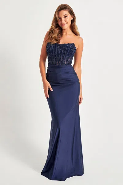 Faviana 11081 Long Beaded Ruched Formal Prom Dress In Blue