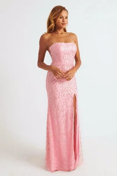 Faviana 11085 Beaded Applique Long Formal Lace Prom Dress In Pink