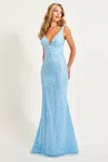 Faviana 11086 Long Formal Beaded Applique Prom Dress In Blue