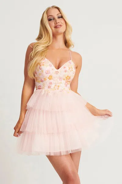 Faviana 11125 Homecoming Short Floral Beaded Applique Cocktail Dress In Pink