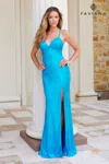 Faviana 11218 Long Beaded Applique Slit Formal Prom Dress In Blue