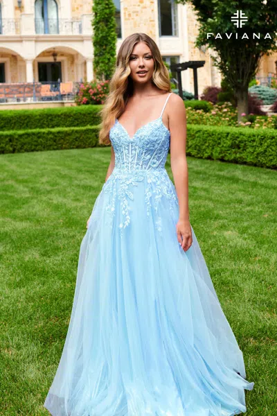 Faviana 11230e Long Formal Floral Applique Cocrset Prom Dress In Purple