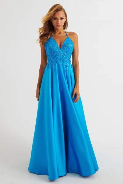 Faviana 11260 Beaded Long Ball Gown Lace Prom Dress In Blue