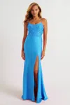 Faviana 11264 Long Fitted Formal Beaded Slit Prom Dress In Blue