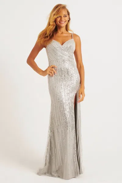 Faviana 11269 Prom Slit Long Beaded Formal Evening Dress In Silver