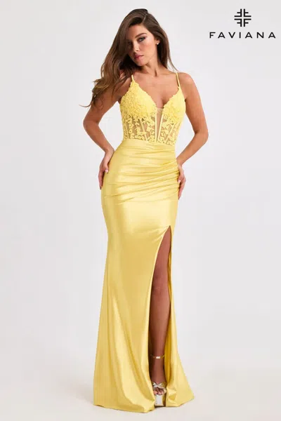 Faviana 11400 Formal Prom Long Lace Corset Dress In Yellow