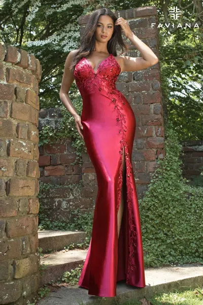 Faviana 11405 Long Formal Beaded Applique Prom Slit Dress In Red