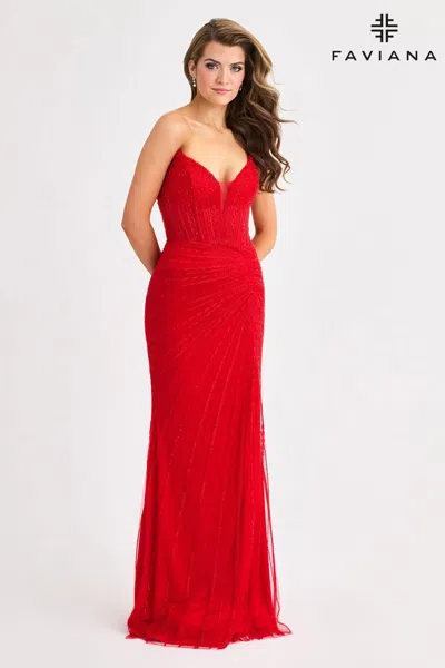 Faviana 11410 Prom Long Formal Beaded Evening Dress In Red