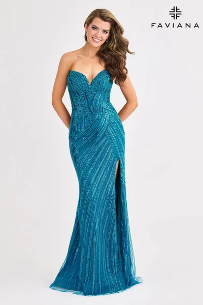 Faviana 11411 Long Fitted Formal Evening Slit Prom Dress In Blue